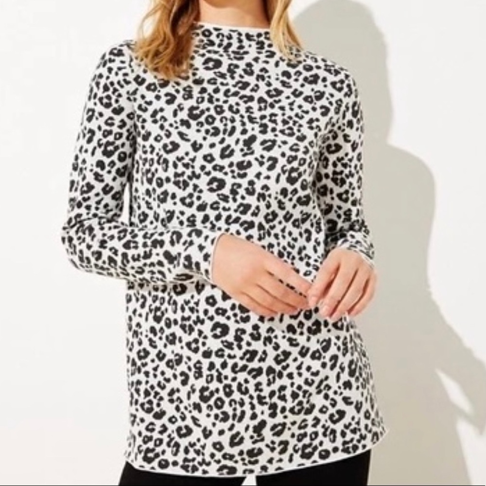 LOFT LEOPARD PRINT MOCK NECK TUNIC SWEATER